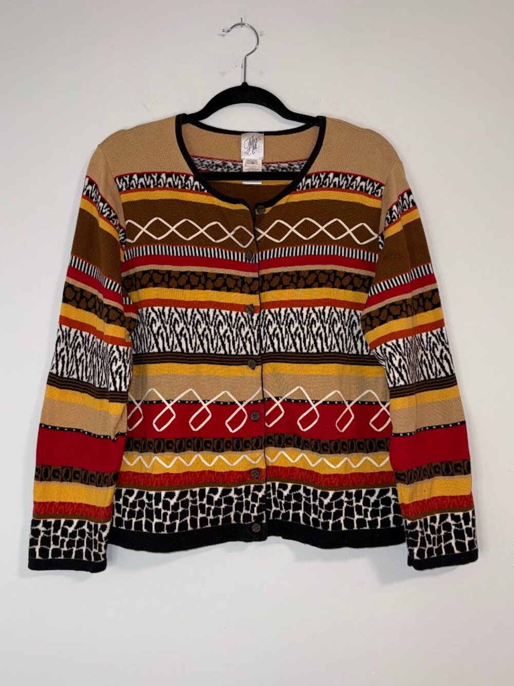 VTG 90s Fisher Hill Southwestern Cotton Cardigan Sweater Multi Pattern Aztec Kni